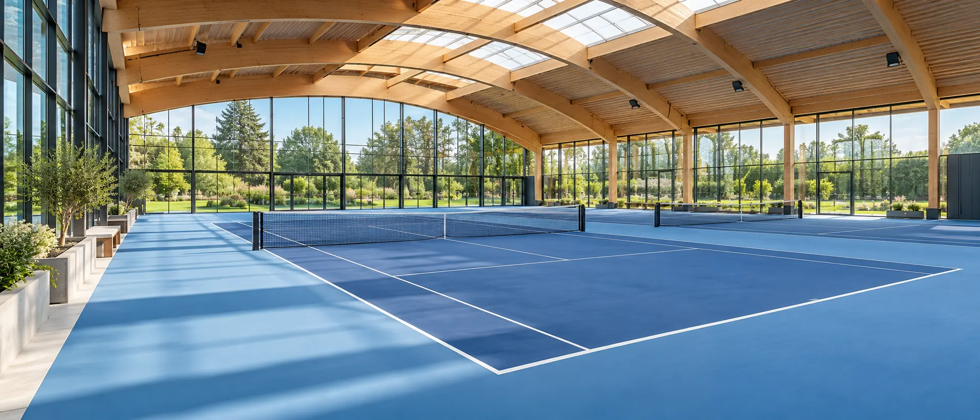 Tennishalle mit Holzdach und Glasfront