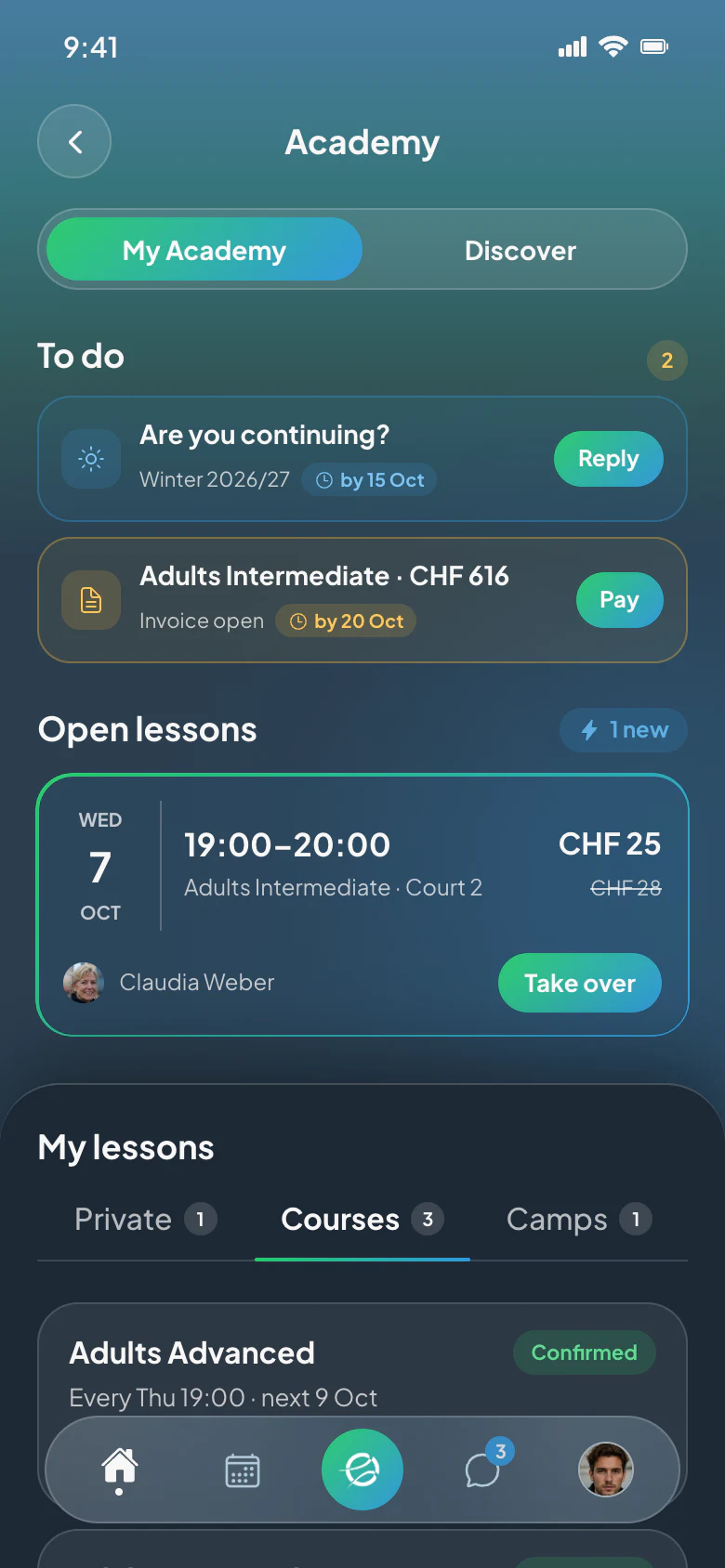 CourtWize app: Academy with courses and lessons