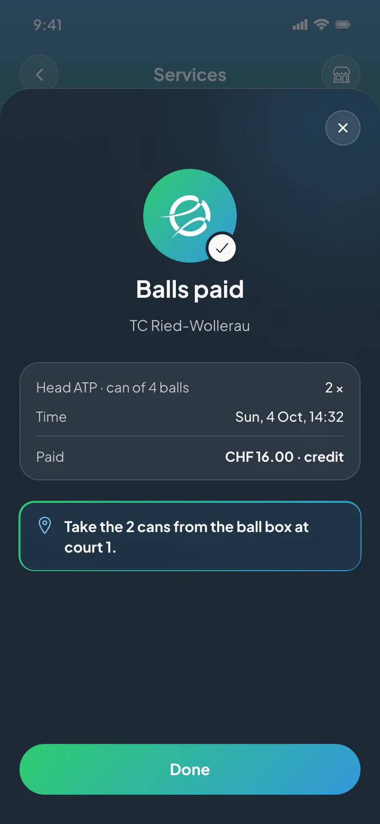 CourtWize app: Balls paid