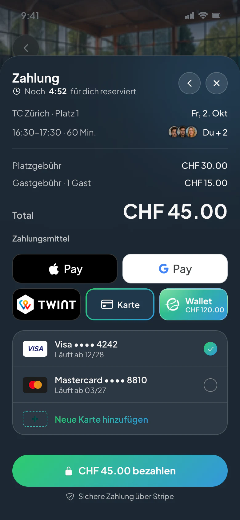CourtWize-App: Bezahlen mit TWINT, Apple Pay oder Karte