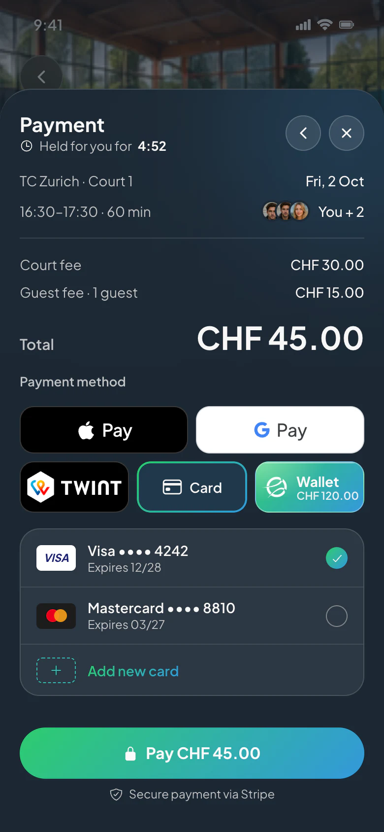 CourtWize app: Pay with TWINT, Apple Pay or card