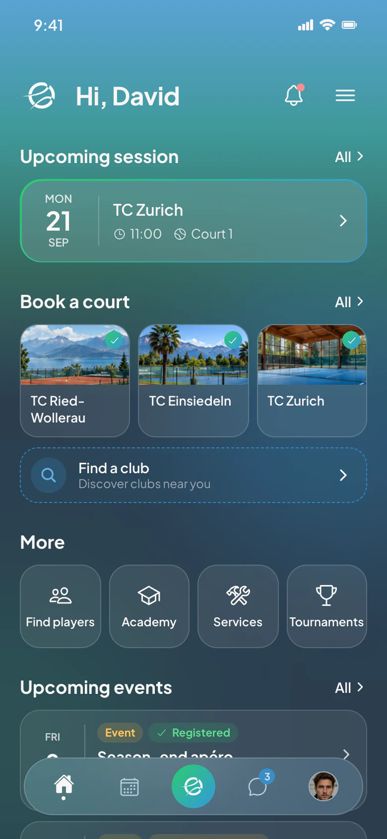CourtWize app: Home with next booking and clubs