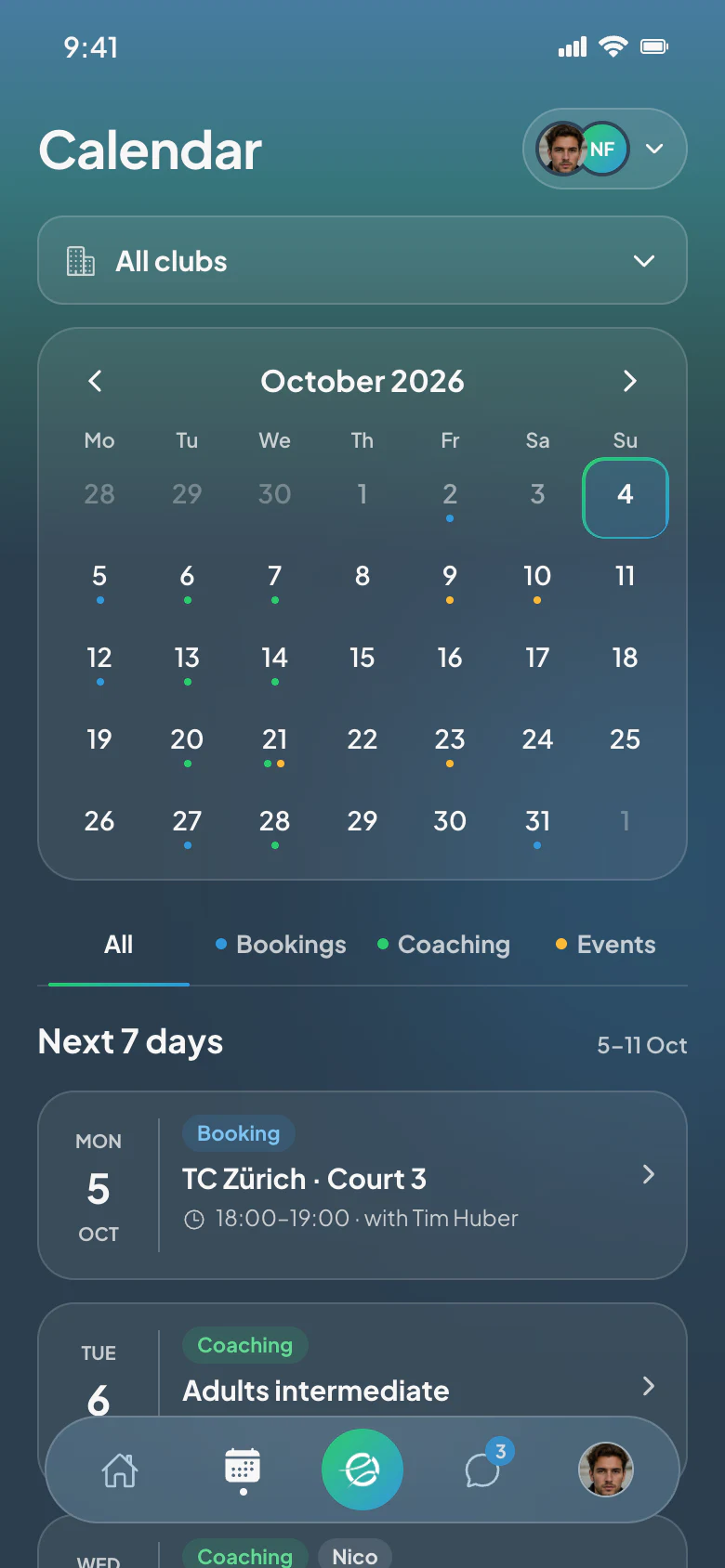 CourtWize app: Calendar