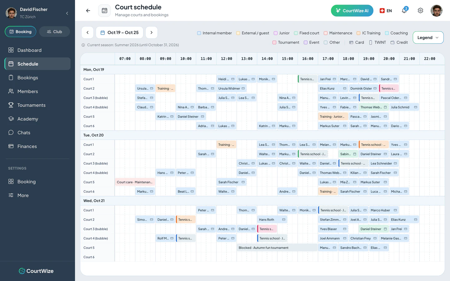 Booking Manager: weekly schedule