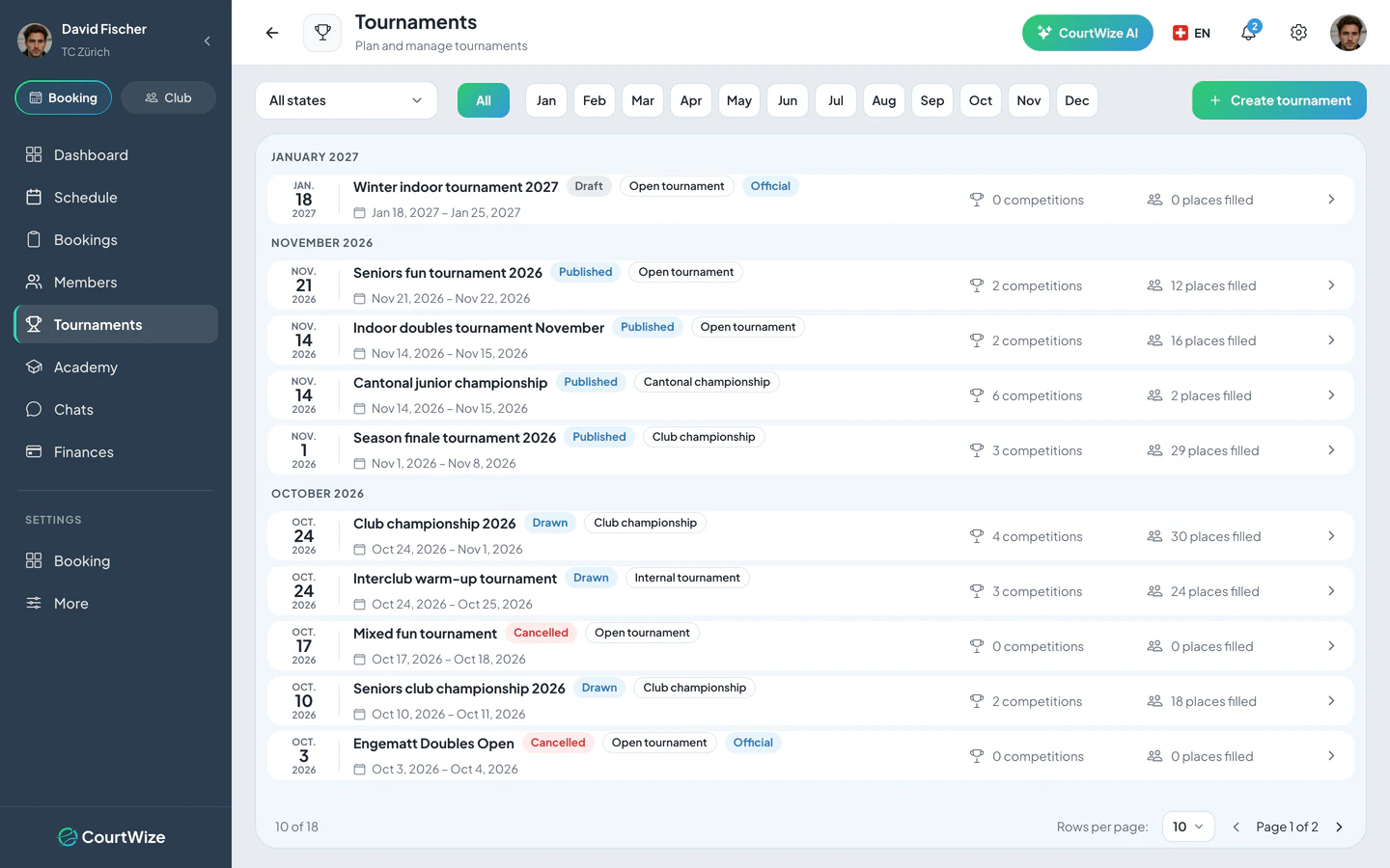 Booking Manager: Tournaments